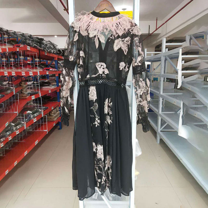 Vintage Dress, Boho Midi Dress, Party Dress, Embroidered Dress,  Gown, Magnolia Feather in Black