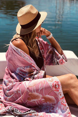 Boho Robe, Kimono Robe,  Beach Cover up,  Flamingo Flower in Pink and Red