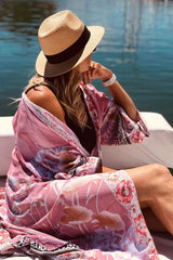 Boho Robe, Kimono Robe,  Beach Cover up,  Flamingo Flower in Red and Pink