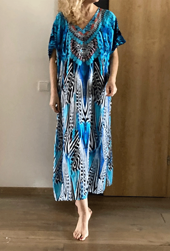 Boho Maxi Dress - Beach Dress, Kaftan Dress Allegra Blue Zebra