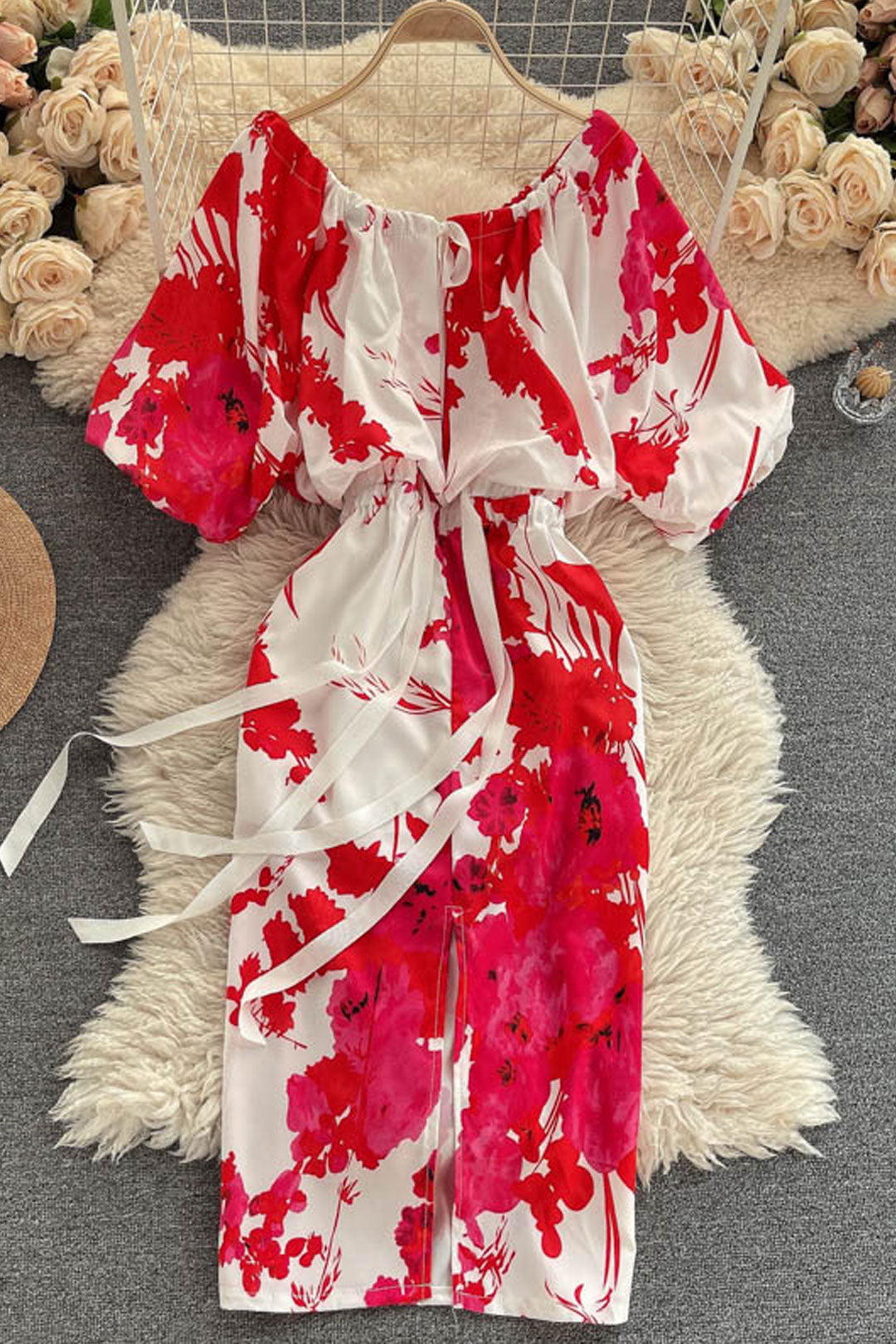 Vintage Dress, Boho Midi Dress, Dress, Red Rose Petal