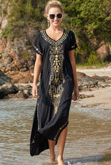 Boho Maxi Dress - Beach Dress, Kaftan Dress Vintage Embroidered in Myla Navy White and Black