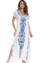 Boho Maxi Dress - Beach Dress, Kaftan Dress Vintage Embroidered in Myla Blue and Black