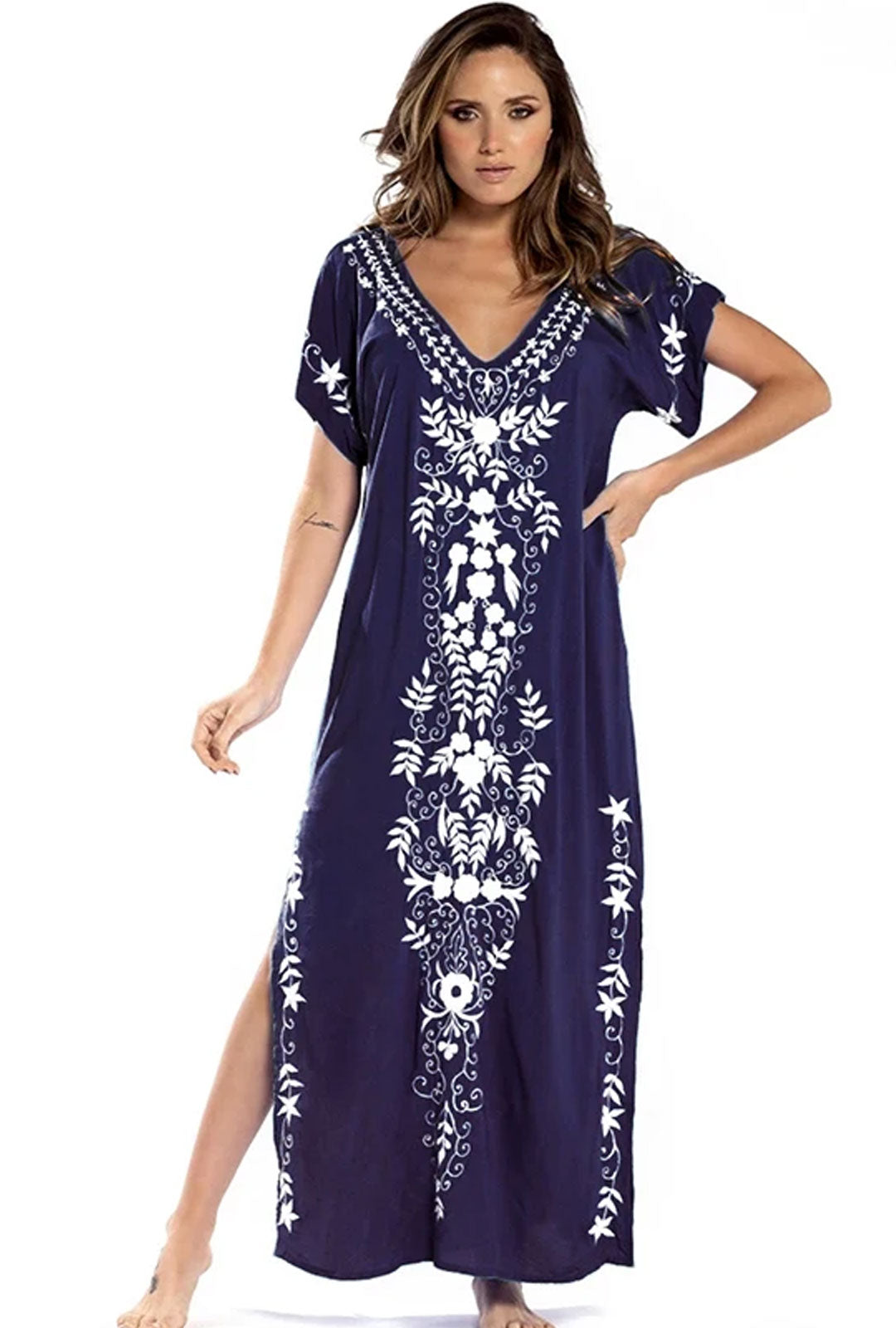 Boho Maxi Dress - Beach Dress, Kaftan Dress Vintage Embroidered in Myla Blue and Black