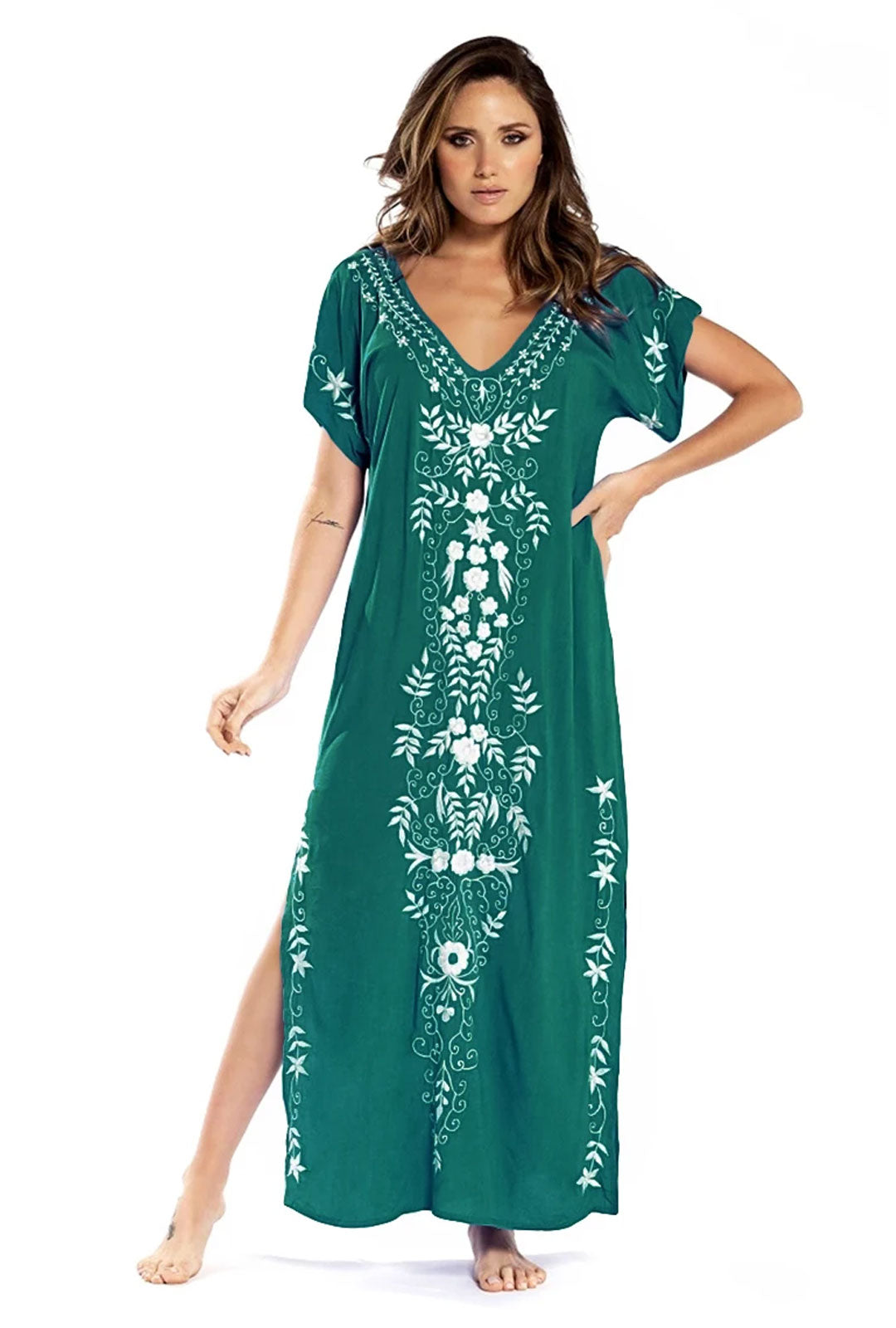 Boho Maxi Dress - Beach Dress, Kaftan Dress Vintage Embroidered in Myla Blue and Black