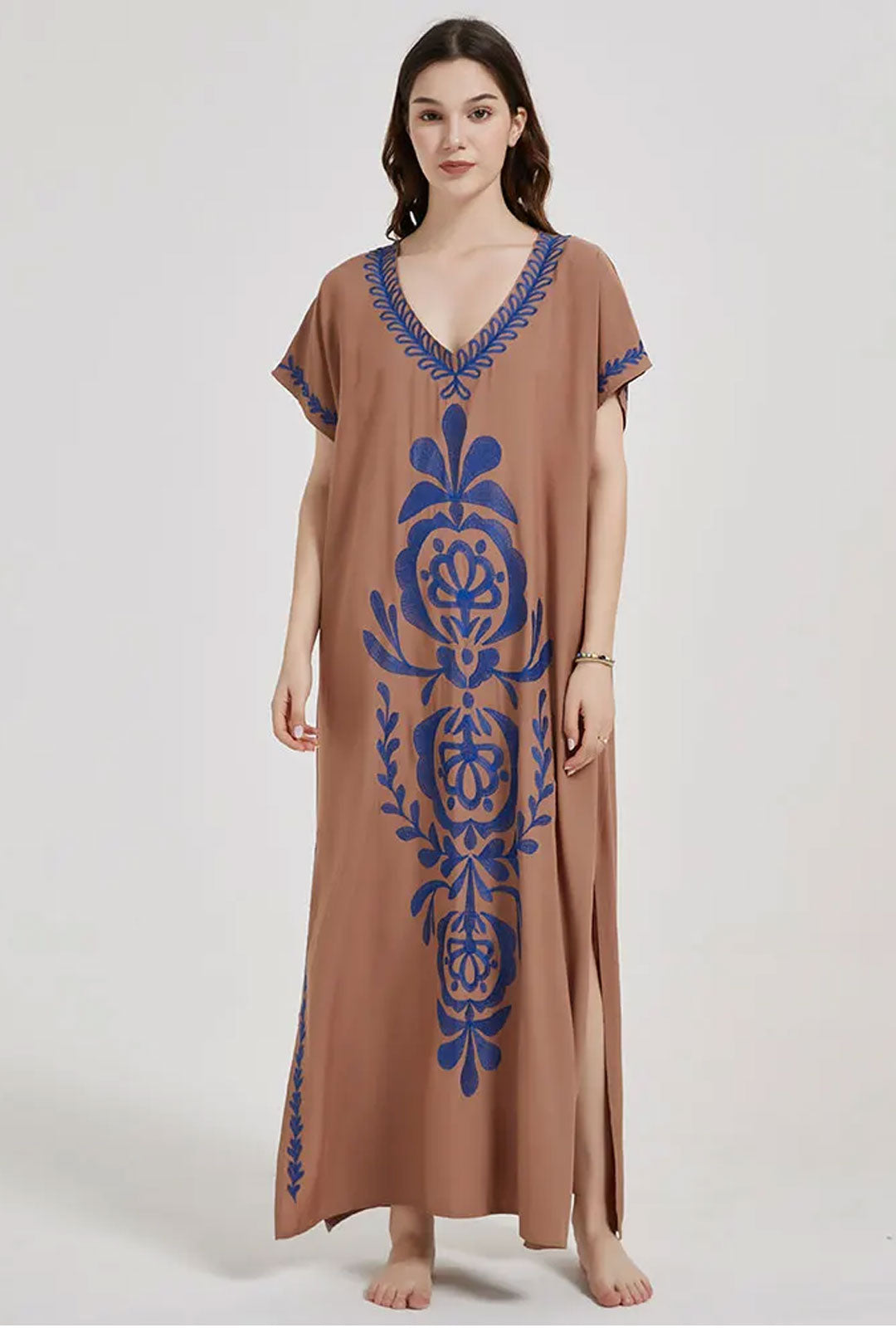 Boho Maxi Dress - Beach Dress, Kaftan Dress Vintage Embroidered in Myla Blue and Black