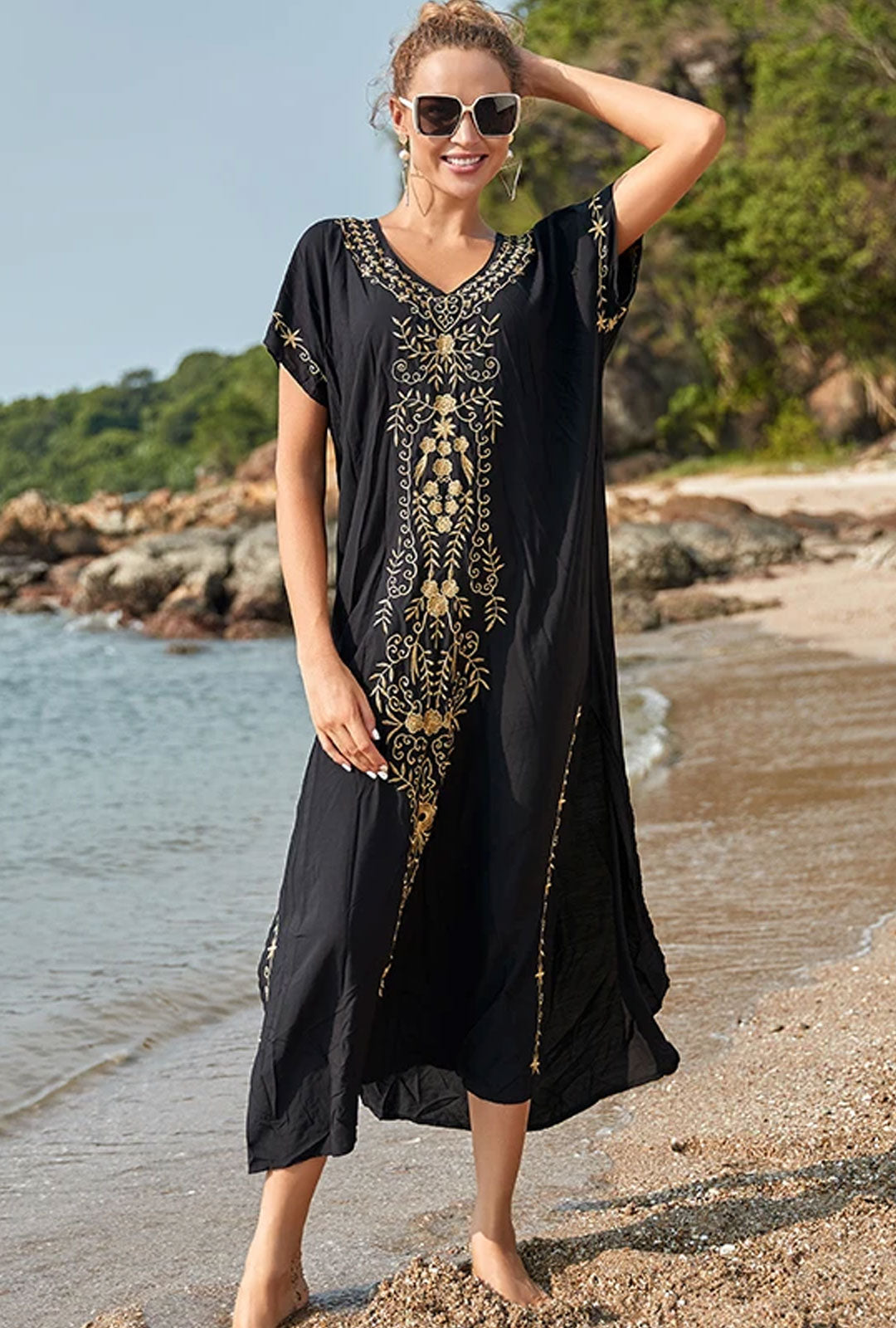 Boho Maxi Dress - Beach Dress, Kaftan Dress Vintage Embroidered in Myla Navy White and Black