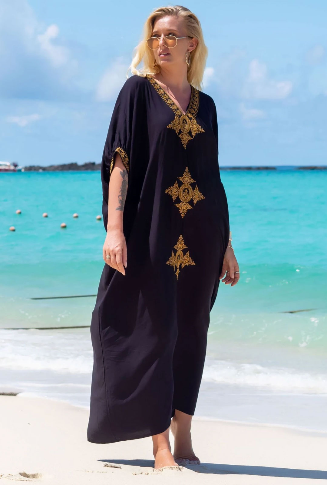Boho Maxi Dress - Beach Dress, Kaftan Dress Vintage Embroidered in Black Liliana