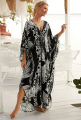 Boho Maxi Dress - Beach Dress, Kaftan Dress Vintage Embroidered in Danica Black Leaf