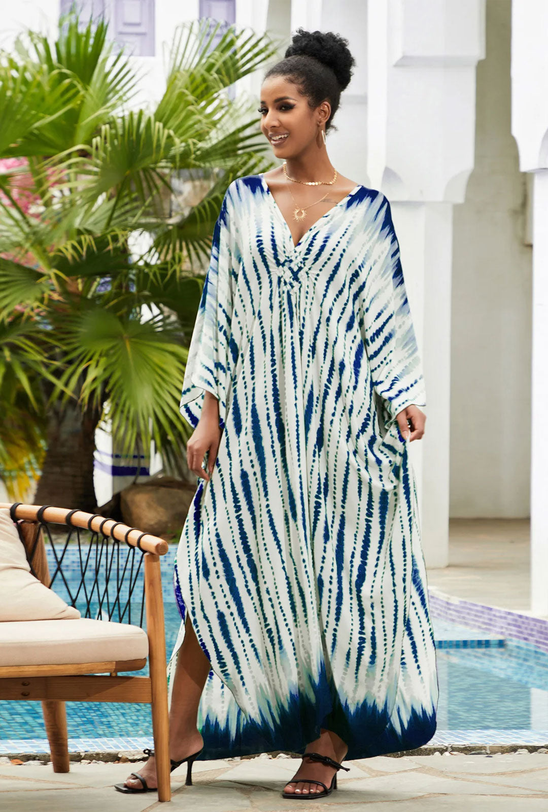 Boho Maxi Dress - Beach Dress, Kaftan Dress Vintage Embroidered in Danica Tie Dye Navy