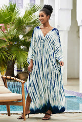 Boho Maxi Dress - Beach Dress, Kaftan Dress Vintage Embroidered in Danica Tie Dye Navy