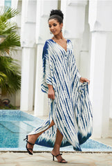 Boho Maxi Dress - Beach Dress, Kaftan Dress Vintage Embroidered in Danica Tie Dye Navy