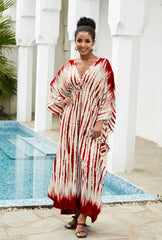 Boho Maxi Dress - Beach Dress, Kaftan Dress Vintage Embroidered in Danica Tie Dye Red