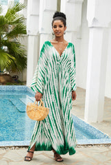 Boho Maxi Dress - Beach Dress, Kaftan Dress Vintage Embroidered in Danica Tie Dye Green