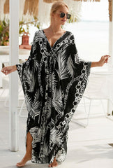 Boho Maxi Dress - Beach Dress, Kaftan Dress Vintage Embroidered in Danica Black Leaf