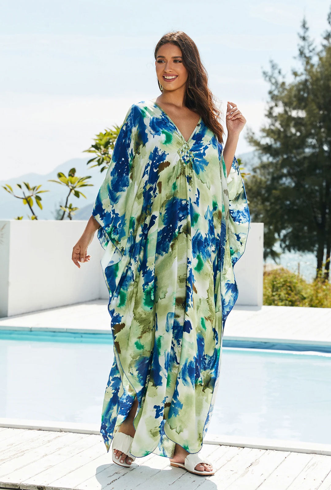 Boho Maxi Dress - Beach Dress, Kaftan Dress Vintage Embroidered in Danica Tie Dye Green Jobelle
