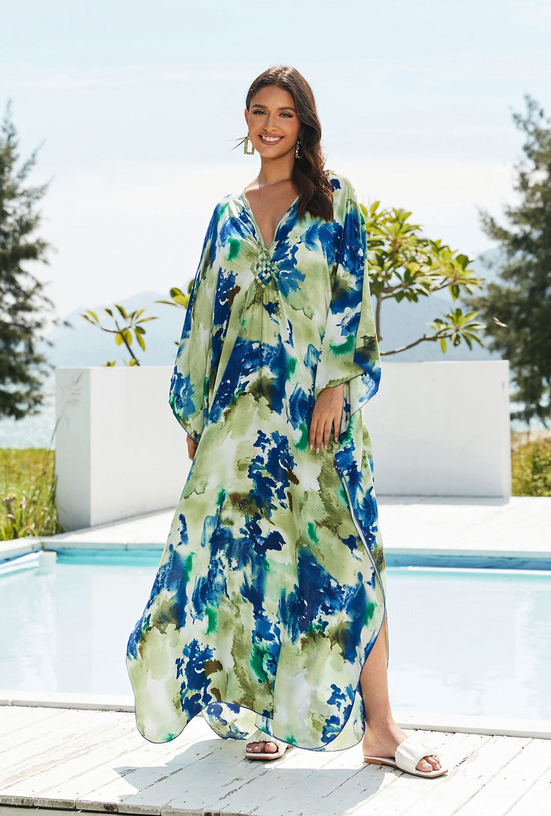 Boho Maxi Dress - Beach Dress, Kaftan Dress Vintage Embroidered in Danica Tie Dye Green Jobelle