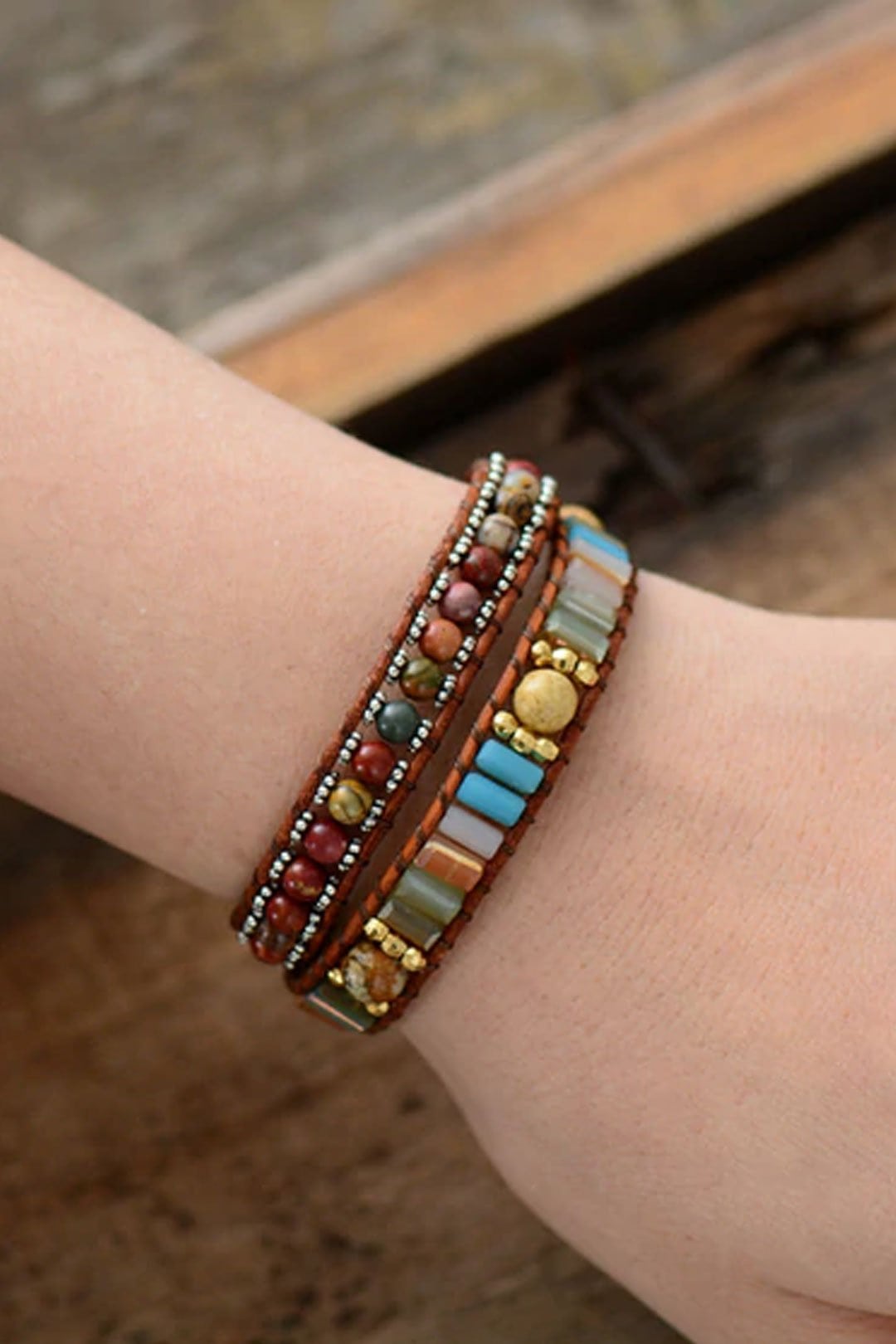 Boho Bracelet, 2 Layers Leather Wrap Bracelet, Crystal Brown Stone