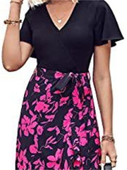 Women's V-neck High Waist Splicing Hem Irregular Open Short-sleeved Back Zipper Paragraph Printed Casual Wind Mid-length Dress Dress