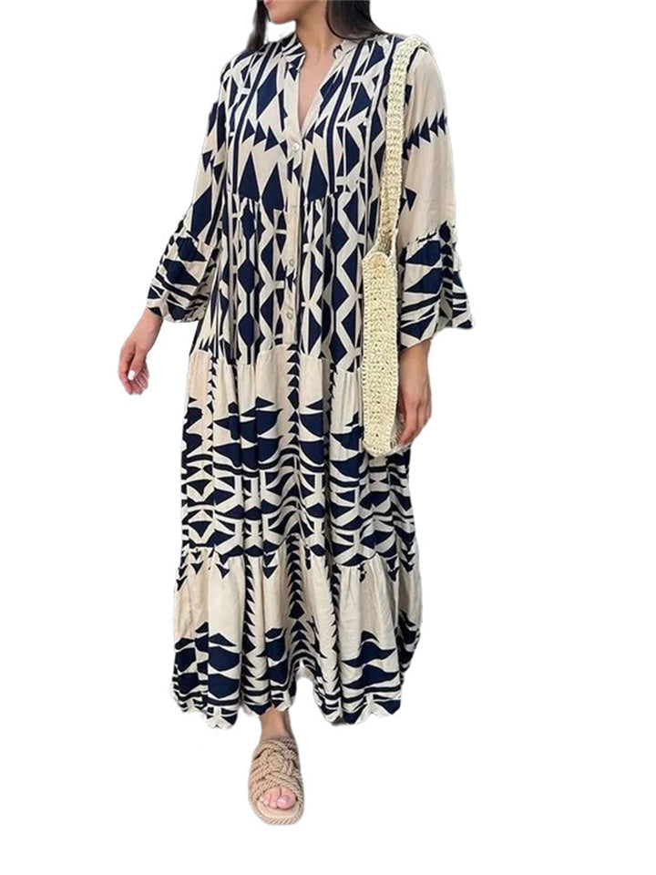 Explosive Long-sleeved Geometric Pattern Print Dress Ladies Loose Waist Stand Collar Pleats Wrinkled New Single-breasted Shirt Skirt Bohemian Dress