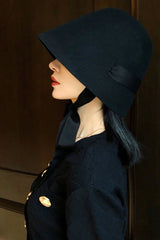 Boho Hat, Autumn Winter Wool Hat, Vintage Black Lady Bucket Cap Ribbon