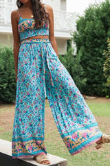 Boho Two Piece Set, Two Piece Pants Set, Wild Floral Daisy Blue