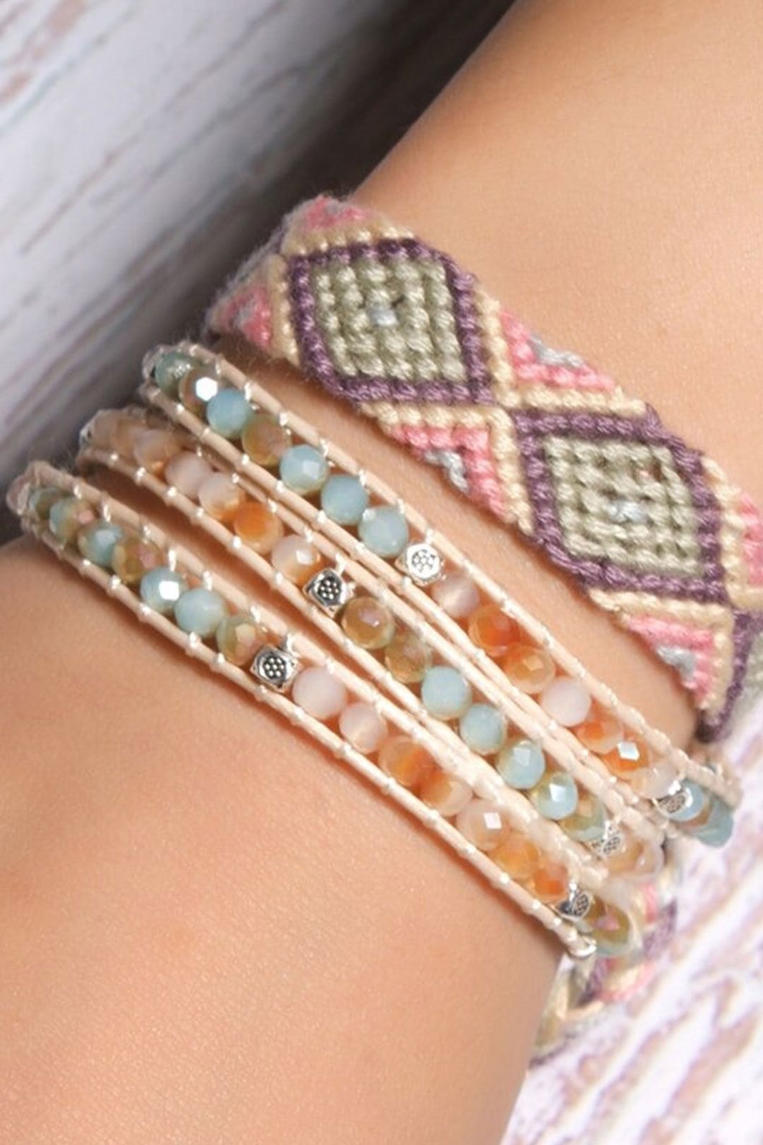 Boho Bracelet, Crystal Wrap Bracelet,Pink Pastel