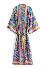 Boho Robe, Kimono Robe,  Beach Cover up, Purple Peony Bird