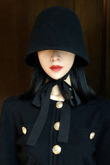 Boho Hat, Autumn Winter Wool Hat, Vintage Black Lady Bucket Cap Ribbon