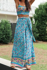 Boho Two Piece Set, Two Piece Pants Set, Wild Floral Daisy Blue