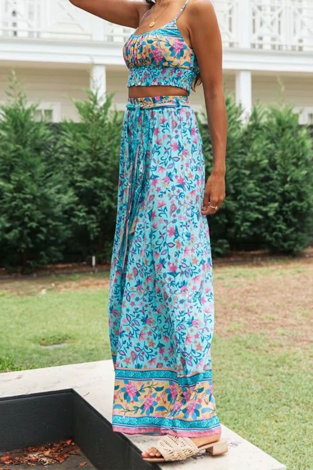 Boho Two Piece Set, Two Piece Pants Set, Wild Floral Daisy Blue