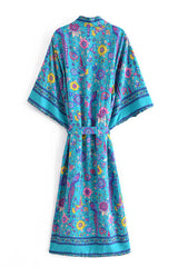 Boho Robe, Kimono Robe,  Beach Cover up, Blue Sea Peony Bird