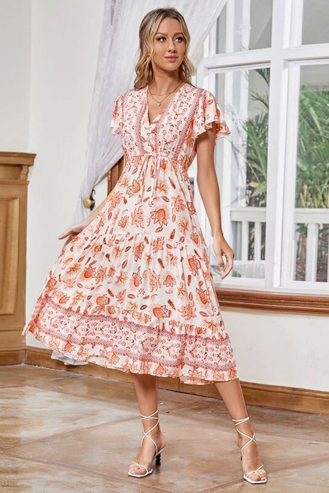 Boho Midi Dress, Sundress, White Orange Celeste