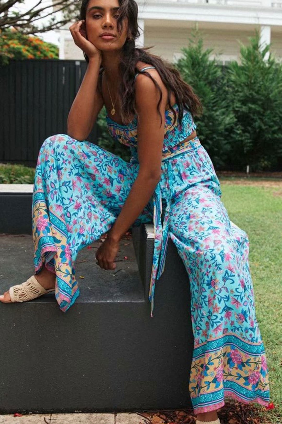 Boho Two Piece Set, Two Piece Pants Set, Wild Floral Daisy Blue