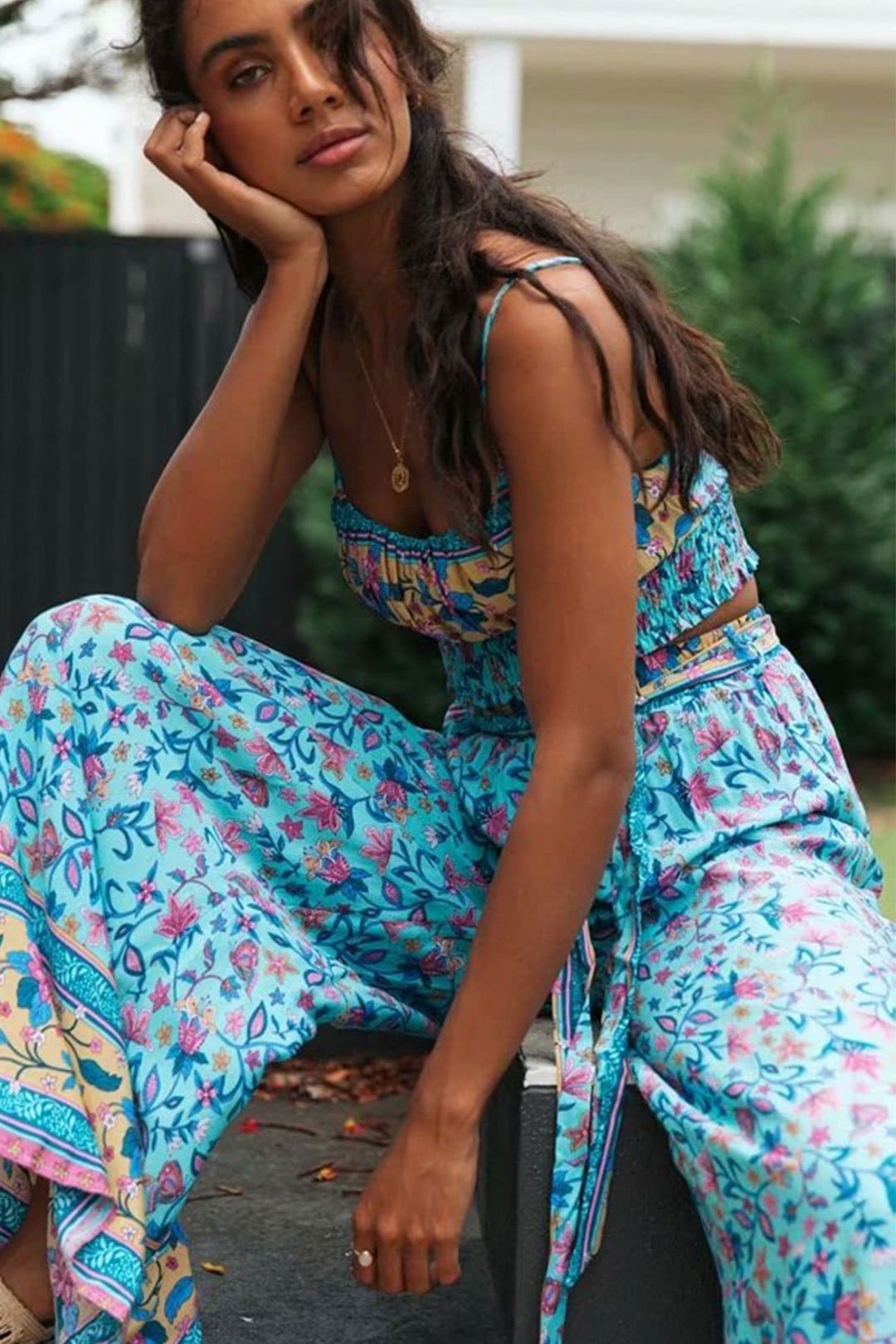 Boho Two Piece Set, Two Piece Pants Set, Wild Floral Daisy Blue