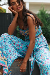 Boho Two Piece Set, Two Piece Pants Set, Wild Floral Daisy Blue