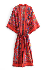 Boho Robe, Kimono Robe,  Beach Cover up, Red Peony Bird