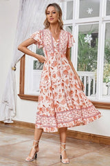 Boho Midi Dress, Sundress, White Orange Celeste