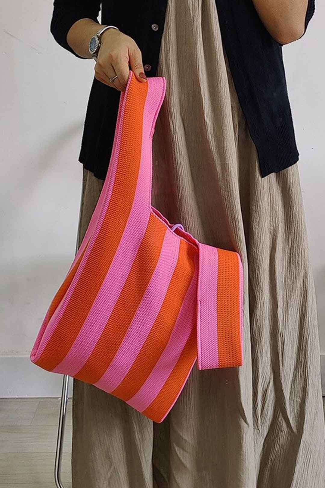 Boho Bag, Eco Tote Bags, Crochet Tote, Knitted Shopper Handbags, Striped in 5 colors