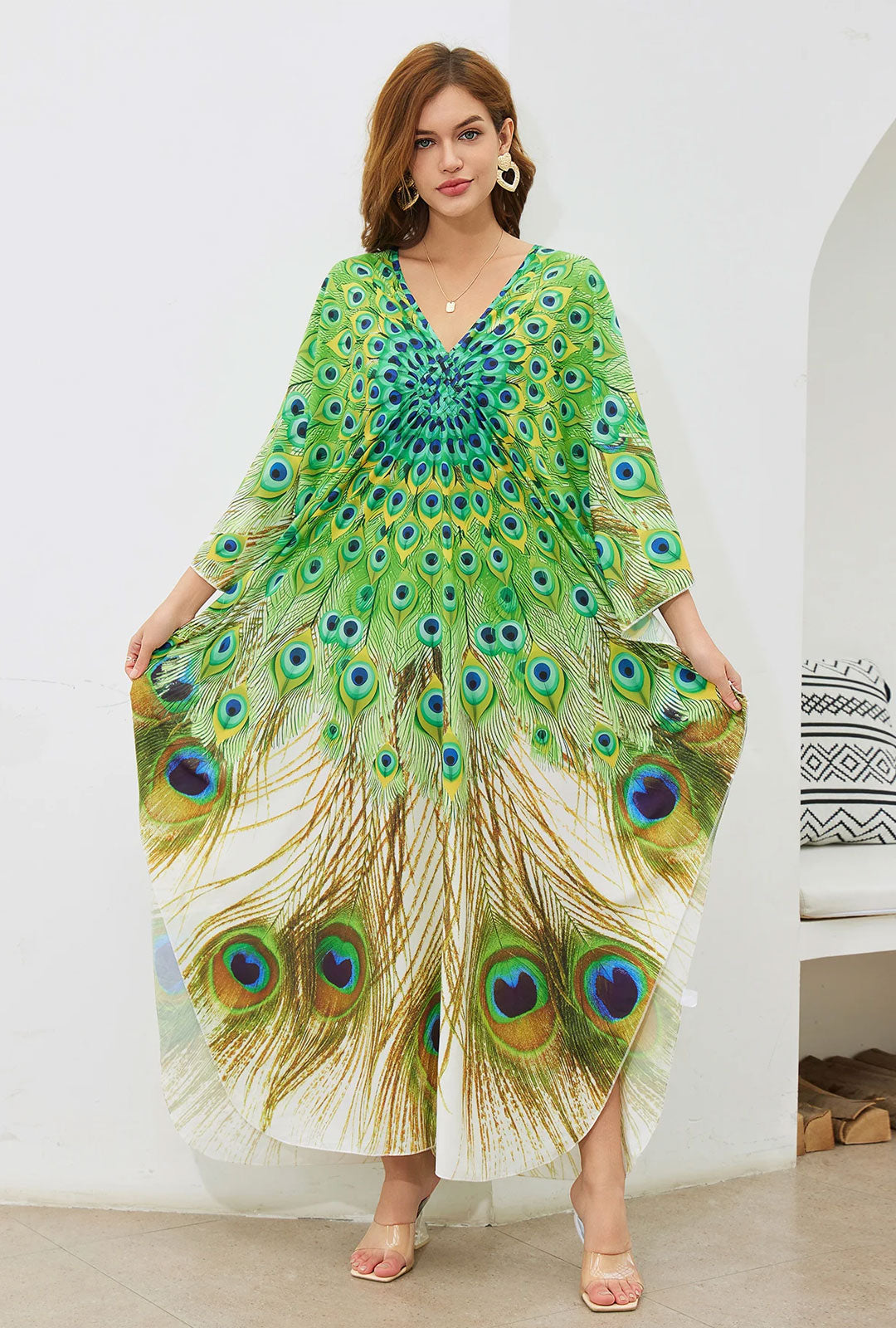 Boho Maxi Dress - Beach Dress, Kaftan Dress Vintage Embroidered in Danica Green Peacock
