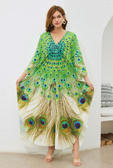Boho Maxi Dress - Beach Dress, Kaftan Dress Vintage Embroidered in Danica Green Peacock
