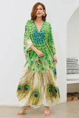 Boho Maxi Dress - Beach Dress, Kaftan Dress Vintage Embroidered in Danica Green Peacock