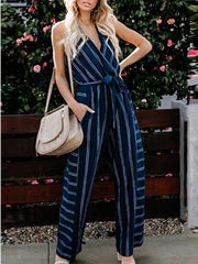 V-Neck Halterneck Striped Jumpsuit