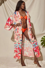 Boho Robe, Kimono Robe,  Beach Cover up, Irma Peony Pigeon in Red