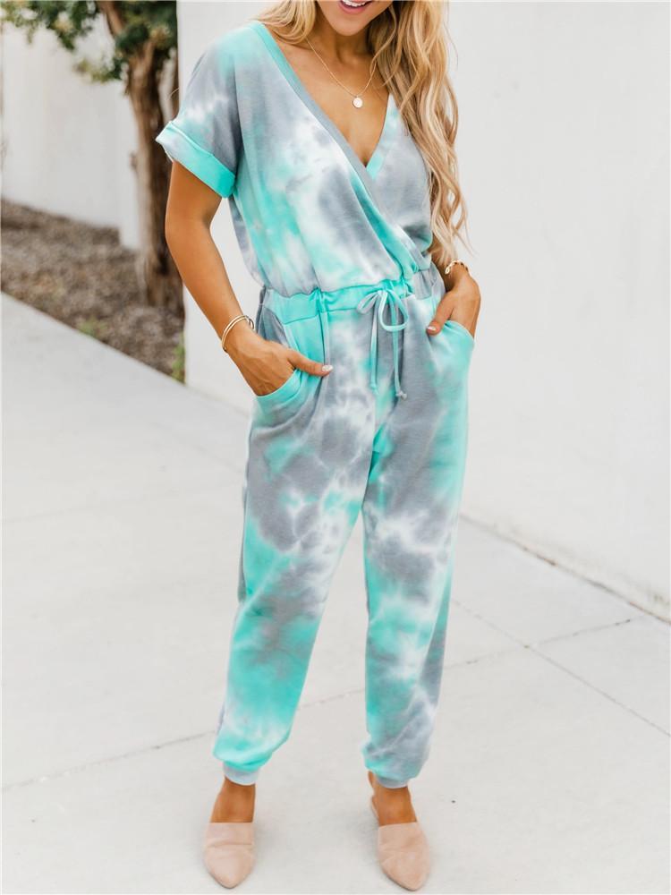 Tie-dye Printed V-neck Short-sleeved Casual Jumpsuit