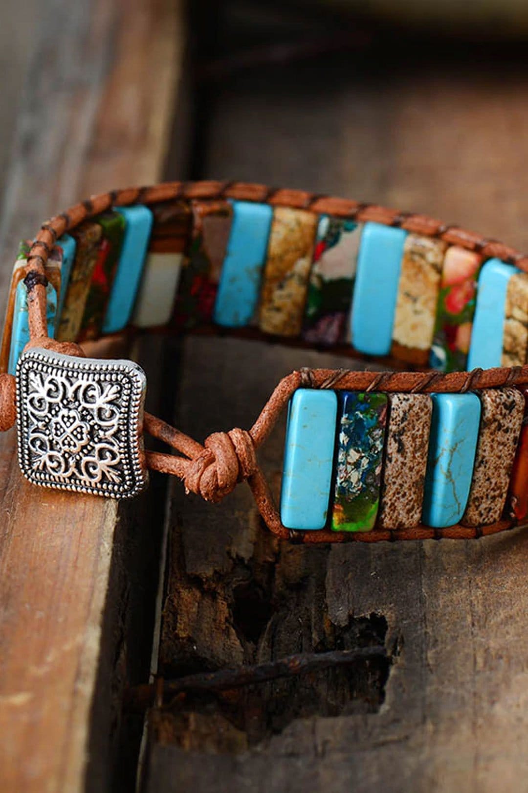 Boho Bracelet, Leather Wrap Bracelet, Blue Brown Tube Ethic
