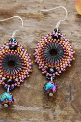 Boho Earrings, Dangle Earrings, Crystal Beads Lava Purple Stone