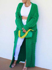 Open Front Pocketed Knitted Maxi Cardigan Sweater