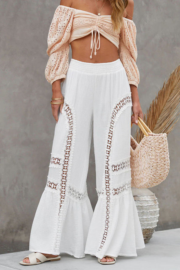 Kyomi Cotton Blend Embroidered Lace Elastic Waist Flare Pants