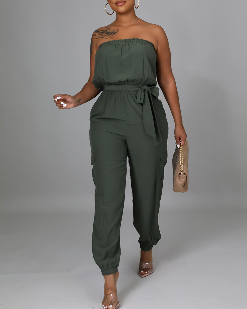 Solid Belted Flap Pocket Frill Trim Strapless Jumpsuit